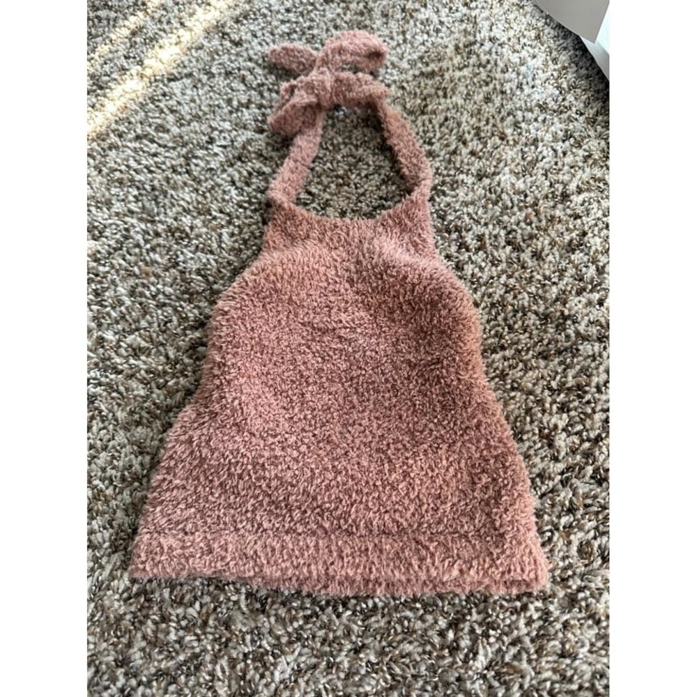 SKIMS Cozy Knit Halter Top Rose Pink Plunge Neck Tie Back XS XXS